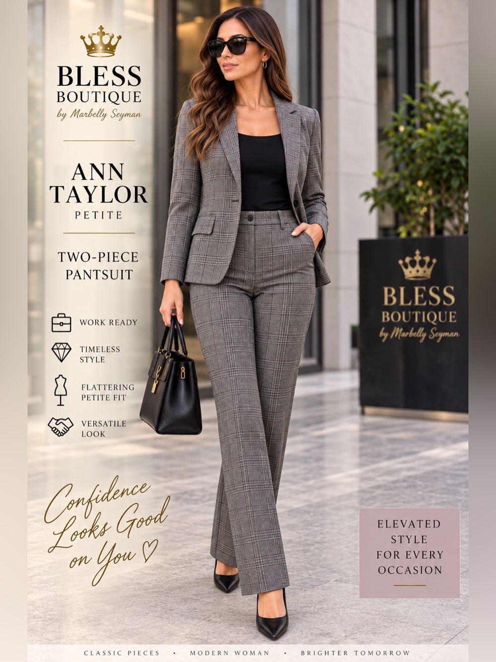 Ann Taylor Petite 4P Curvy Fit Plaid 2-Piece Blazer Pants Suit Gray